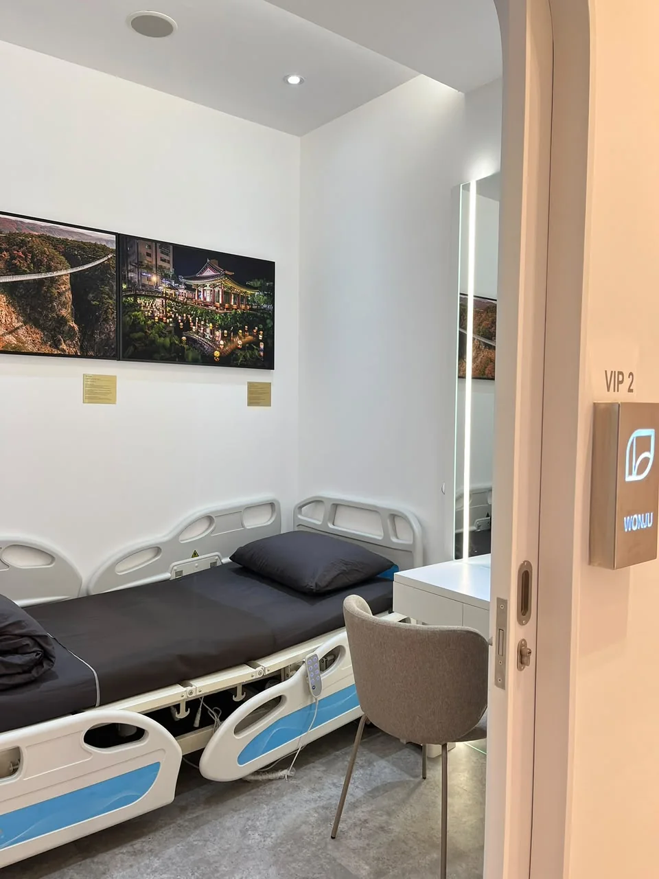 Ruang VIP 2 Hestia Women Clinic dengan tempat tidur pasien, meja rias, cermin vertikal berlampu, artwork dinding, dan signage ruang di area masuk.